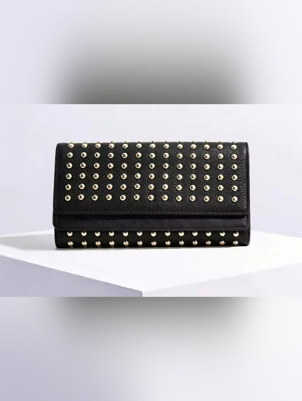 Fashionable Gold Tone Rivet Decorated Trifold Black Long Wallet Daily Use
